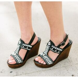 Marie A Women 7 Tribal Wedge Strap Sandals Boho Festival Beachy‎ Summer Work Y2K